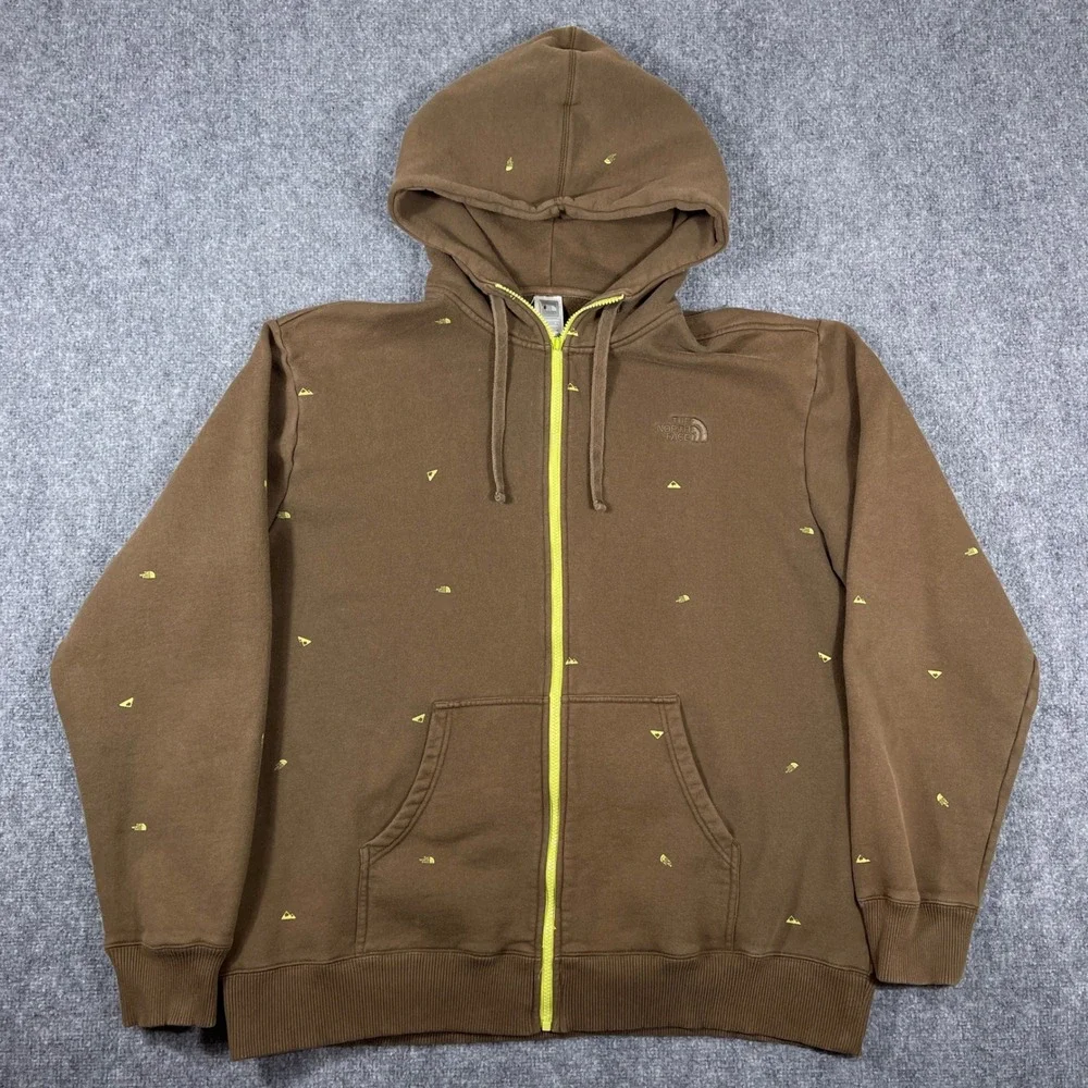 The North Face Hoodie Mens 3XL Brown All Over Print Full Zip Neon Green